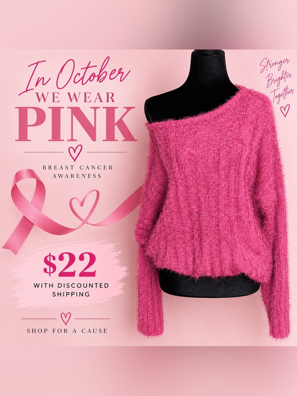 🩷🎗️🩷 Fuzzy Off-the-Shoulder Sweater in Bright Pink BCA Month is October! 🩷🎗️🩷